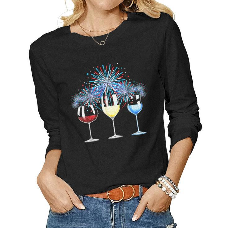 Wine Glass Red White Blue Firework Happy 4Th Of July Women Long Sleeve T-shirt