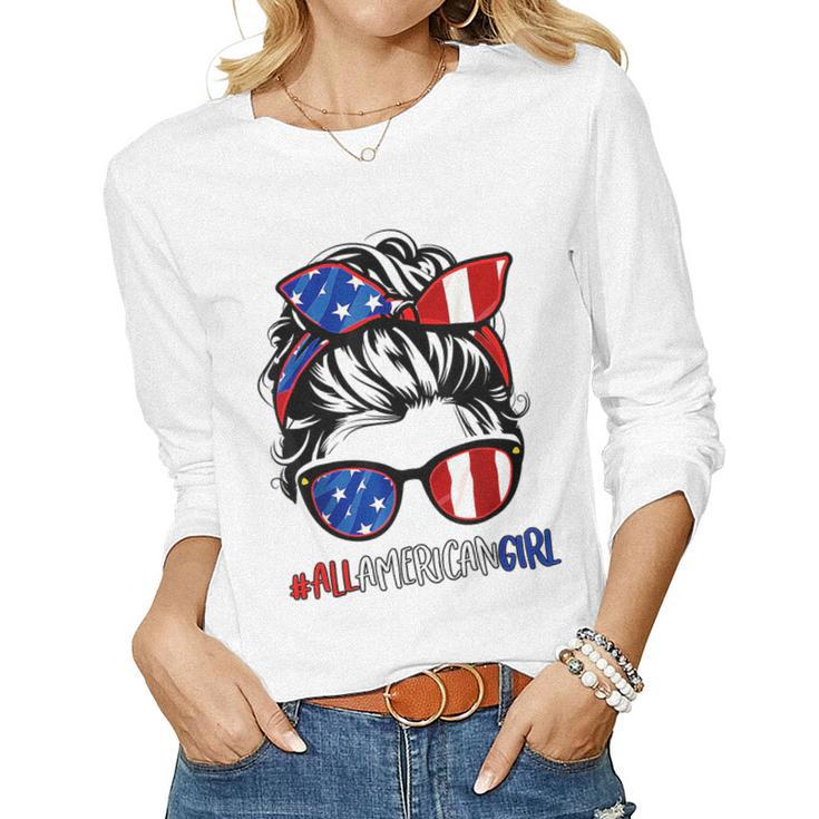 All American Girl 4Th Of July  Women Messy Bun Usa Flag  Women Graphic Long Sleeve T-shirt