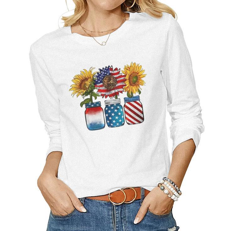 America Sunflower Usa Flag Flower T For American 4Th Of July  Women Graphic Long Sleeve T-shirt