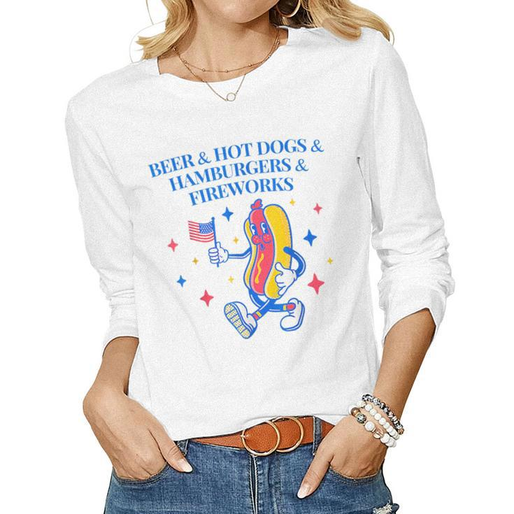 Beer & Hot Dogs & Hamburgers & Fireworks Funny 4Th Of July  Women Graphic Long Sleeve T-shirt