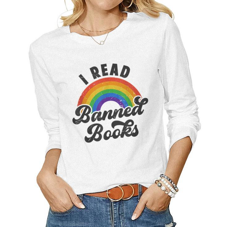 I Read Banned Books Retro Literature Rainbow Reading Vintage Women Long Sleeve T-shirt
