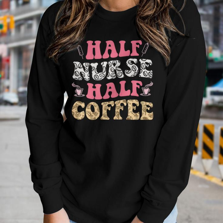 Funny Half Nurse Half Coffee Groovy Dialysis Nurse Week  Gift For Womens Women Graphic Long Sleeve T-shirt Gifts for Her