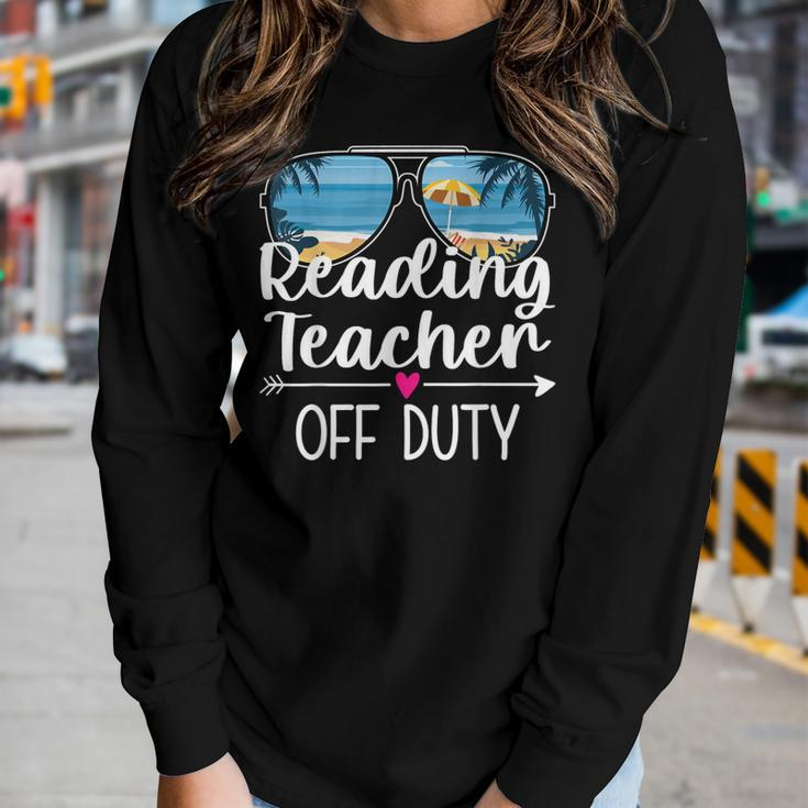 Reading Teacher Off Duty Sunglasses Palm Tree Beach Sunset Women Graphic Long Sleeve T-shirt Gifts for Her