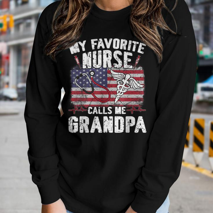 Retro My Favorite Nurse Calls Me Grandpa Usa Flag Father Day Women Long Sleeve T-shirt Gifts for Her