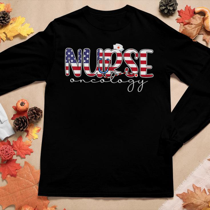 Oncology Nurse 4Th Of July Us Flag Nurse Radiation Oncology Women Graphic Long Sleeve T-shirt Unique Gifts