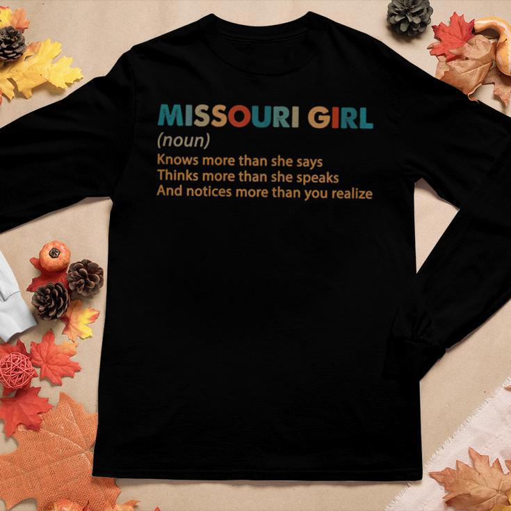 Retro Missouri Girl Definition She Knows More Than She Says Gift For Womens Gift For Women Women Graphic Long Sleeve T-shirt Personalized Gifts