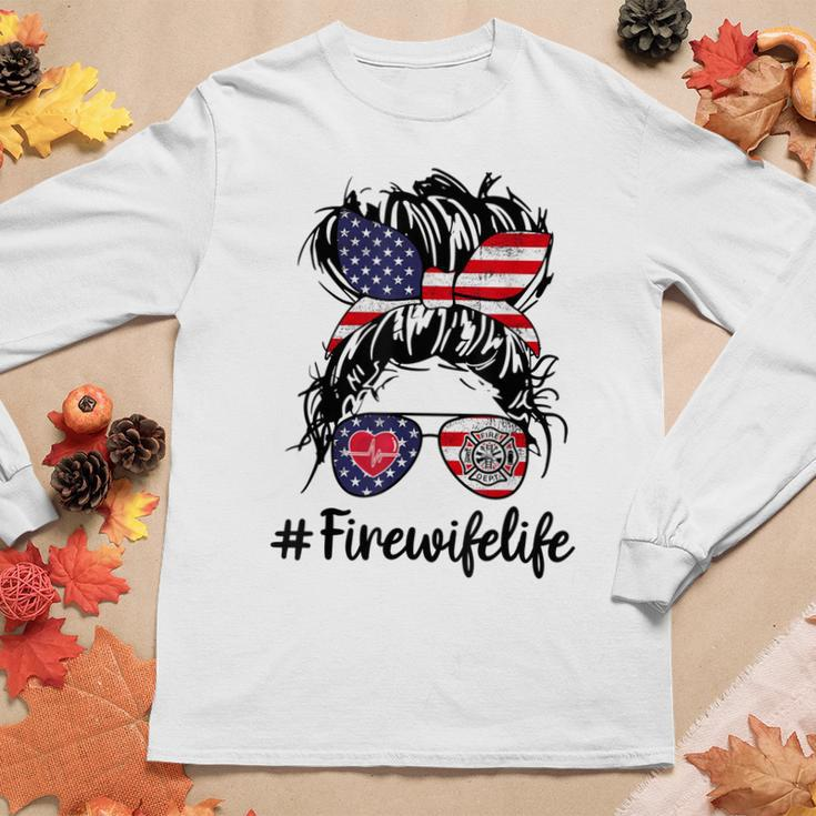 Happy July 4Th Firefighters Wife Life Messy Buns Flag Women Long Sleeve T-shirt Unique Gifts