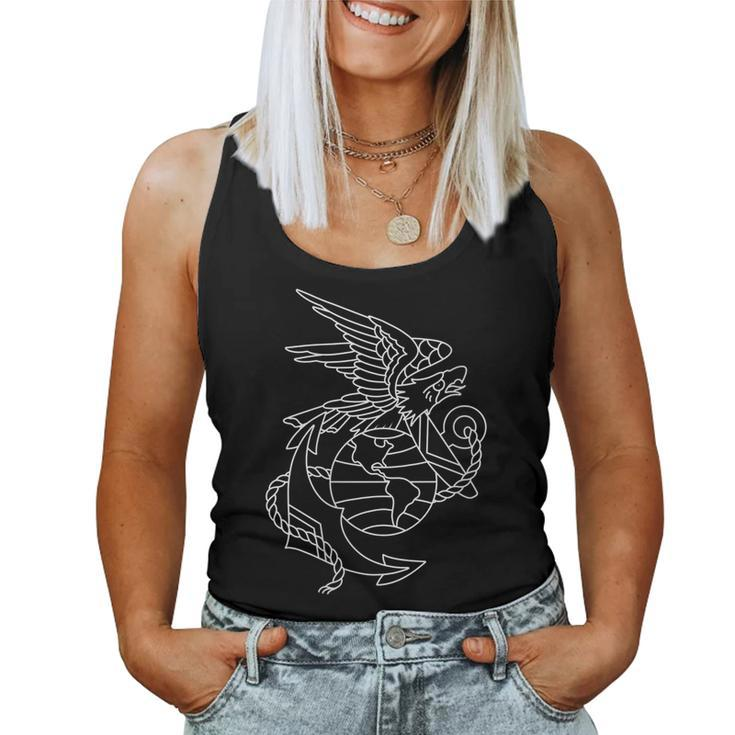 American Traditional Eagle Anchor Globe Outline Tattoo Women Tank Top