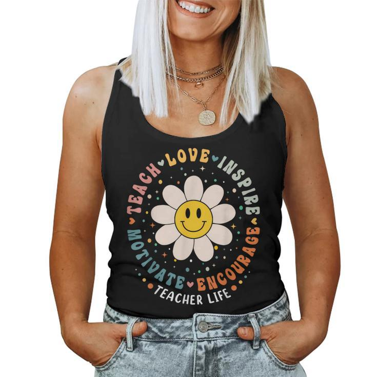 Back To School Teach Love Inspire Retro Teacher Daisy Flower  Women Tank Top Weekend Graphic