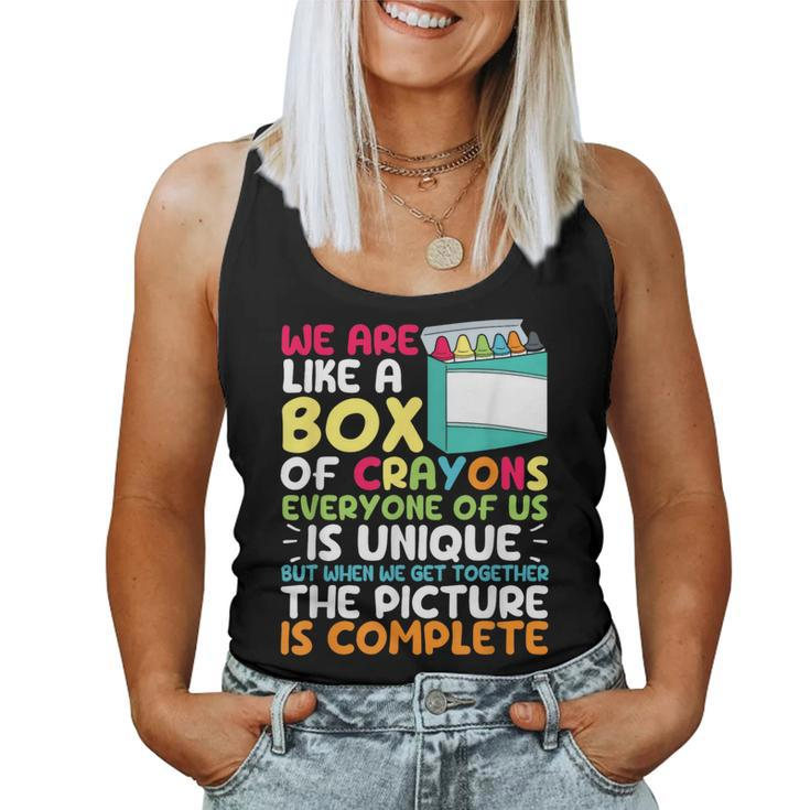 Back To School Teacher We Are Like A Box Of Crayons Student Women Tank Top Weekend Graphic