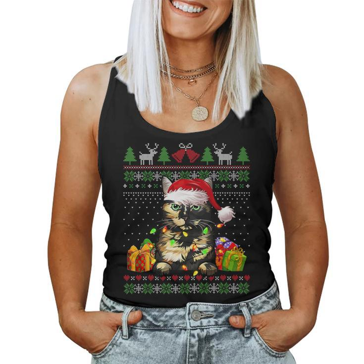 Cat Lover Tortoiseshell Cat Santa Hat Ugly Christmas Sweater Women Tank Top