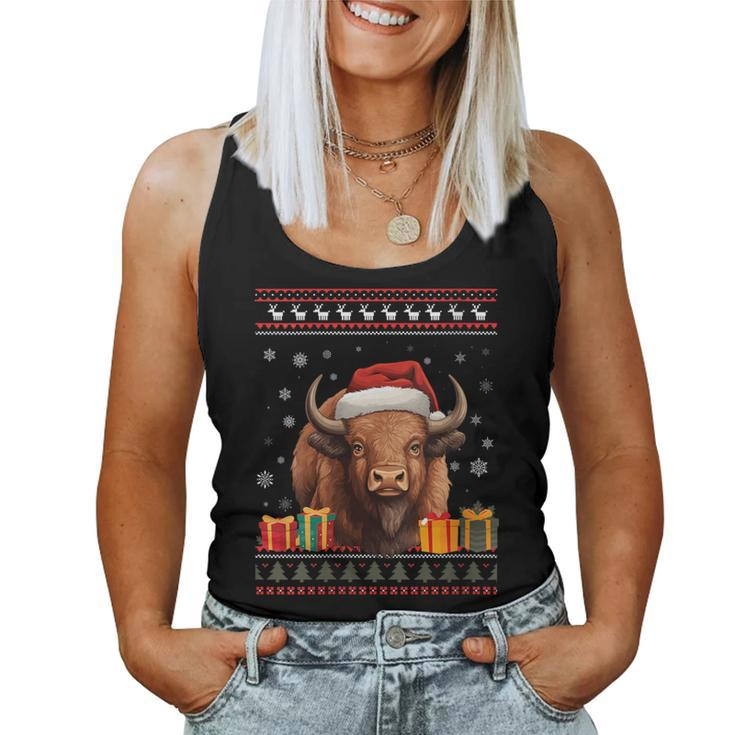 Christmas Bison Santa Hat Ugly Christmas Sweater Women Tank Top