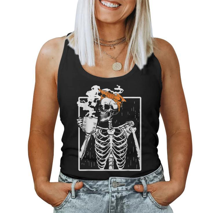 Coffee Drinking Skeleton Diy Halloween Messy Bun Girl Women Tank Top