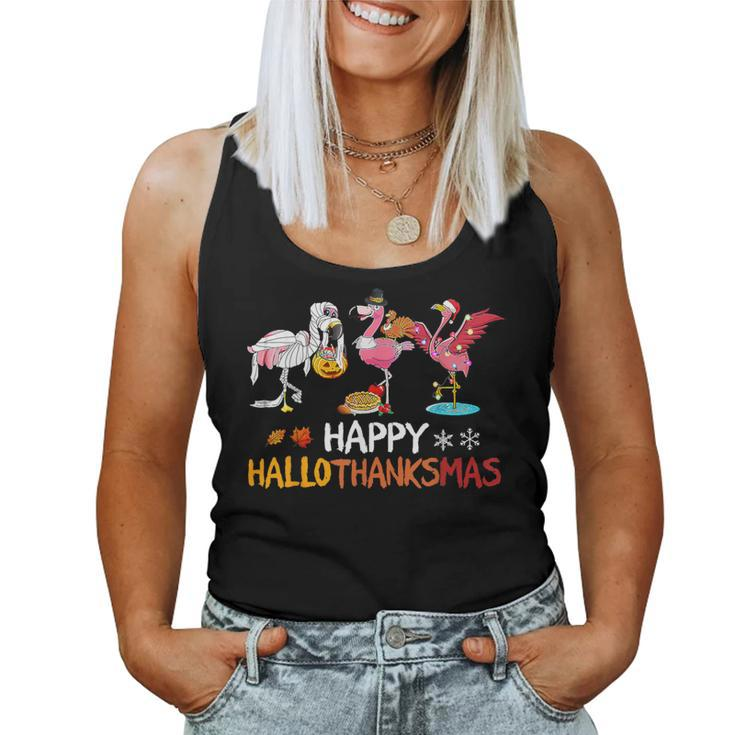 Cute Flamingo Hallothanksmas Happy Halloween Thanksgiving Women Tank Top