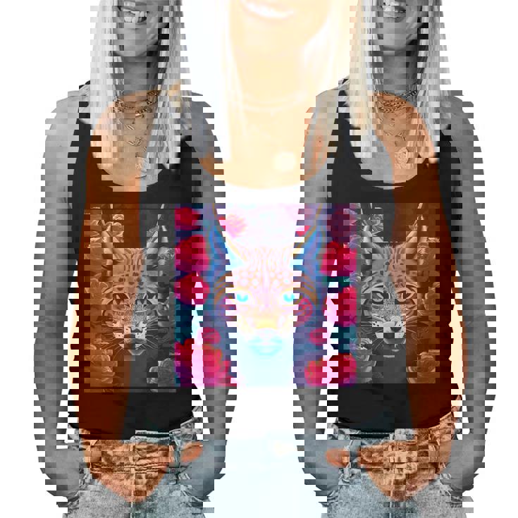 Eurasian Lynx Animal Roses Flower Pattern Graphic Women Tank Top