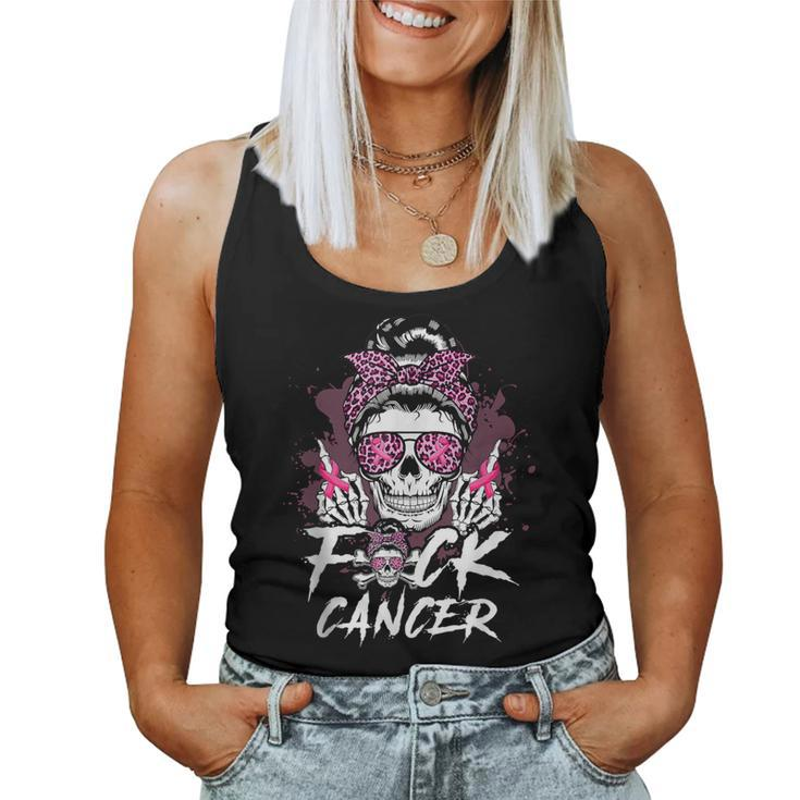 Fuck Breast Cancer Warrior Pink Ribbon Messy Bun Hair Women Tank Top