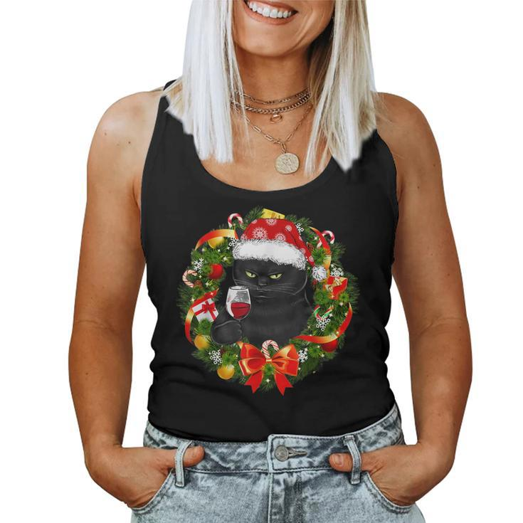 Black Cat And Wine Christmas Wreath Ornament Women Tank Top