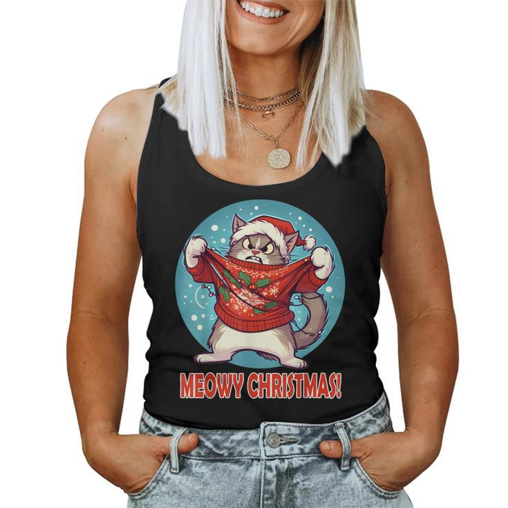 Cat In Ugly Sweater Meowy Christmas Pajama Women Tank Top