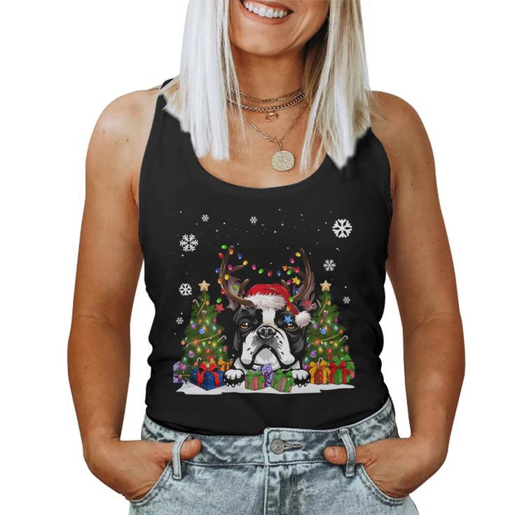 Dog Boston Terrier Santa Hat Ugly Christmas Sweater Women Tank Top