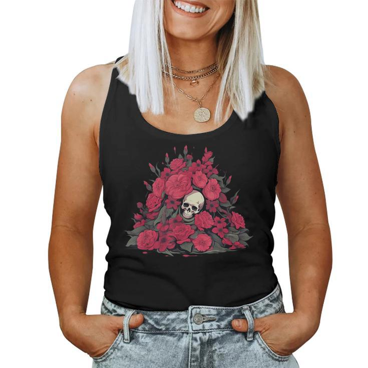 Grave With Skeleton Face And Red Roses And Plants Women Tank Top