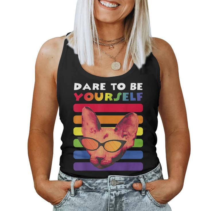 Gay Pride Dare To Be Yourself Rainbow Lgbt Vintage Retro Cat Women Tank Top