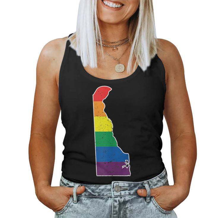 Gay Pride Flag - Delaware State Map - Rainbow Stripes Women Tank Top