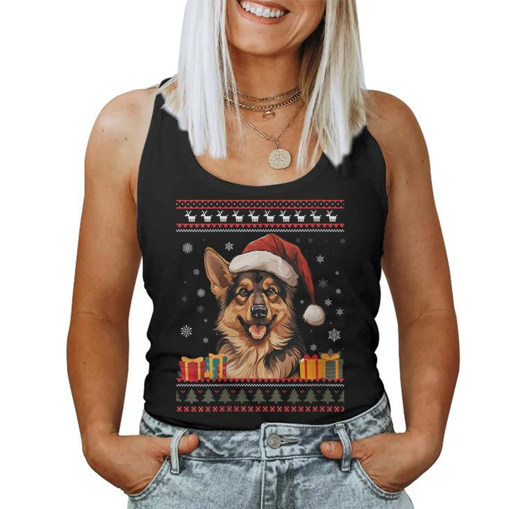 German Shepherd Dog Santa Hat Ugly Christmas Sweater Women Tank Top