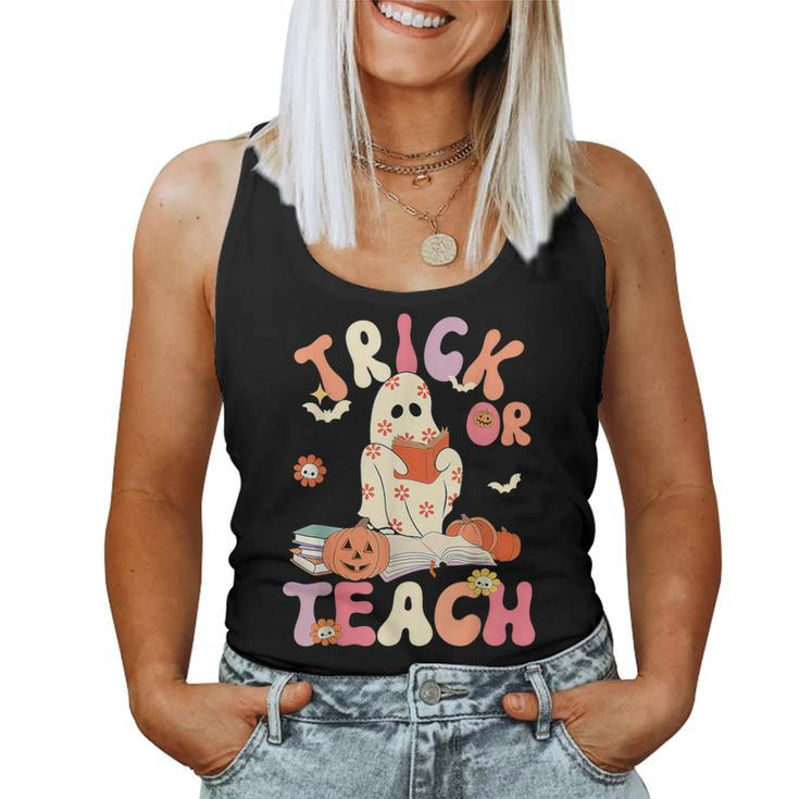 Groovy Halloween Trick Or Teach Retro Floral Ghost Teacher Women Tank Top