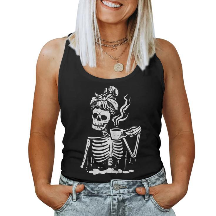 Halloween Skeleton Messy Bun Coffee Costume Mom Women Tank Top