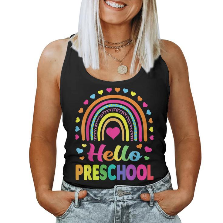 Hello Preschool Teacher Leopard Rainbow Back To School  Women Tank Top Weekend Graphic