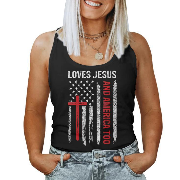 Loves Jesus America Too Flag 4Th Of July Christian Religious  Women Tank Top Basic Casual Daily Weekend Graphic