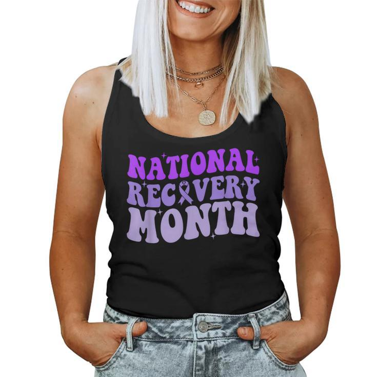 National Recovery Month Groovy Purple Ribbon Recovery Women Tank Top