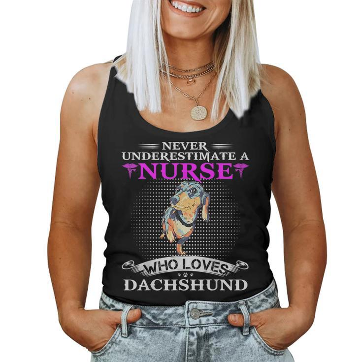 Never Underestimate A Nurse Who Loves Dachshund Dog Funny Women Tank Top Basic Casual Daily Weekend Graphic