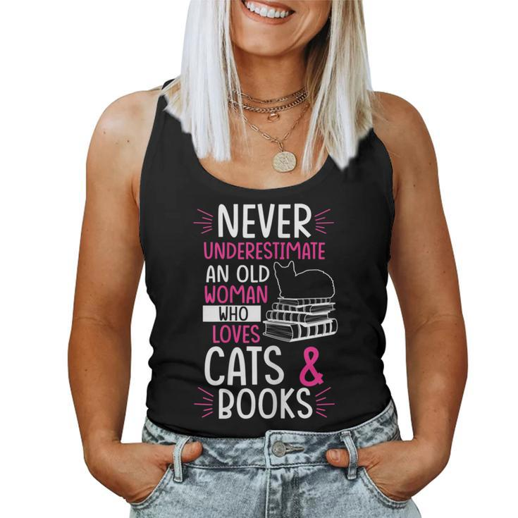 Never Underestimate An Old Woman Who Loves Cats & Books Gift Gift For Womens Women Tank Top Basic Casual Daily Weekend Graphic