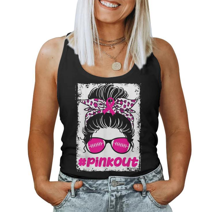 Pink Out Ou Breast Cancer Football Messy Bun Cheer Bleached Women Tank Top