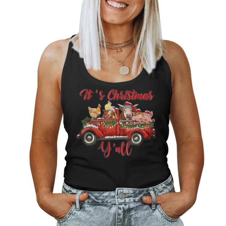 Red Farm Truck Farm Animal Farmer Girl It's Christmas Y'all Women Tank Top
