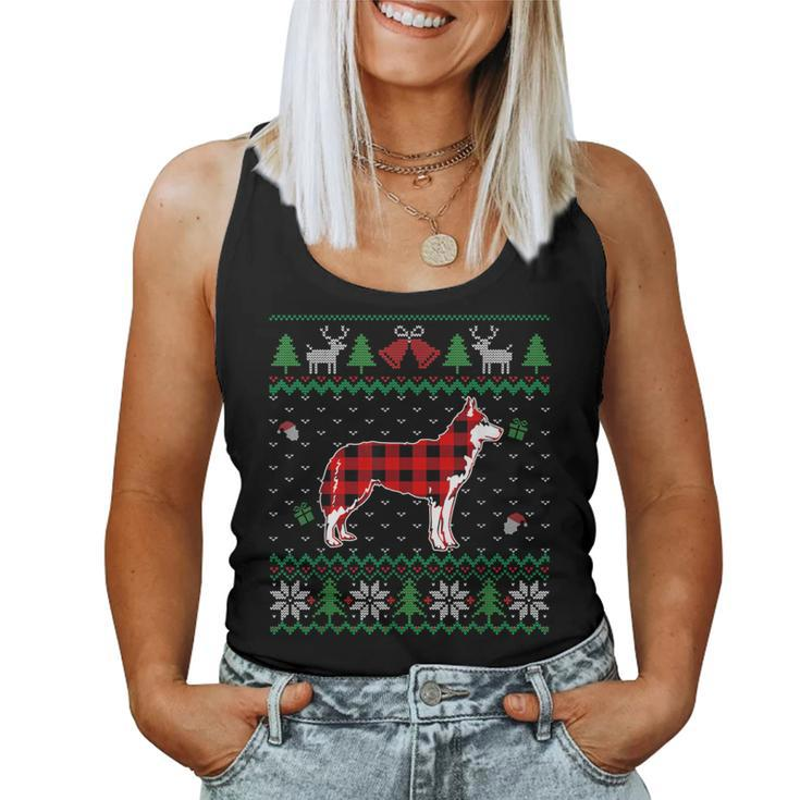 Red Plaid Siberian Husky Dog Ugly Christmas Sweater Women Tank Top