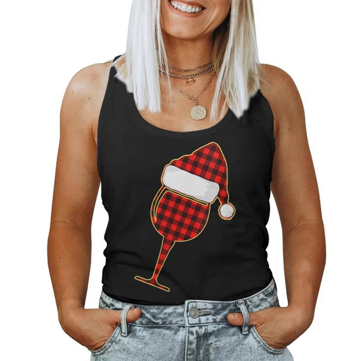 Red Plaid Wine Cup And Christmas Santa Hat Women Tank Top