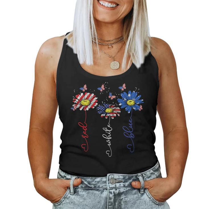Red White Blue Daisy Butterfly Usa Flag 4Th Of July Women Tank Top