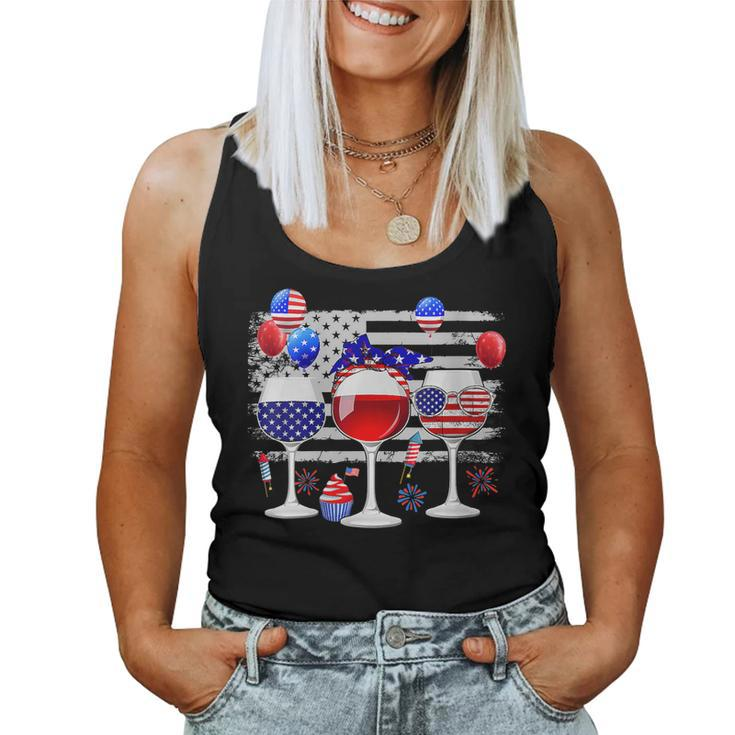 Red White Blue Three Wine Glasses American Flag 4Th Of July Women Tank Top