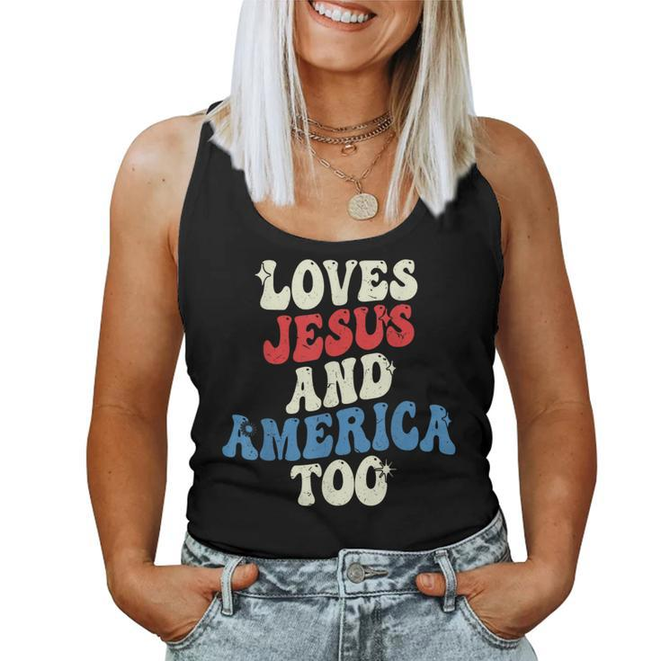 Retro Loves Jesus And America Too Groovy 4Th Of July Vintage Women Tank Top