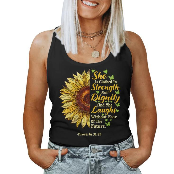 She Is Clothed Strength Dignity Laughs Bible Verse Sunflower Women Tank Top