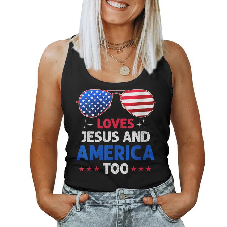 She Loves Jesus And America Too 4Th Of July Retro Usa Flag Usa Women Tank Top