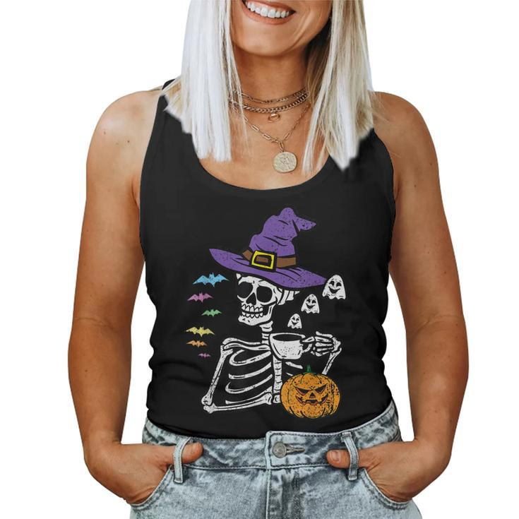 Skeleton Drinking Coffee Halloween Costume Pumpkin Ghost Women Tank Top