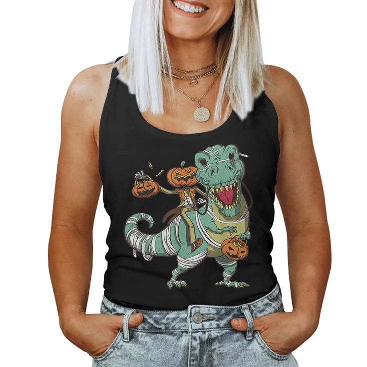 Skeleton Riding Mummy DinosaurRex Halloween Pumpkin Women Tank Top