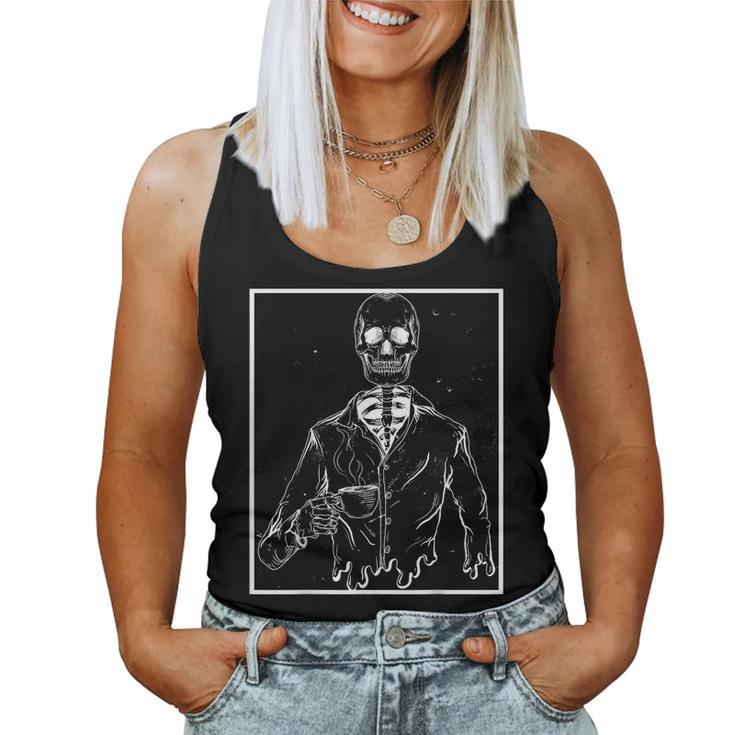 Skeleton Vintage Picture With Smiling Skull Drinking Coffee Women Tank Top