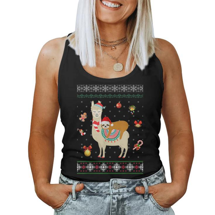 Sloth Riding Llama Christmas Scarf Santa Hat Ugly Sweater Women Tank Top