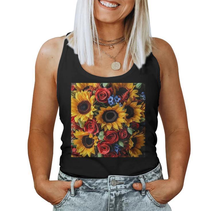 Sunflower And Rose Red Yellow Floral Pattern Women Tank Top