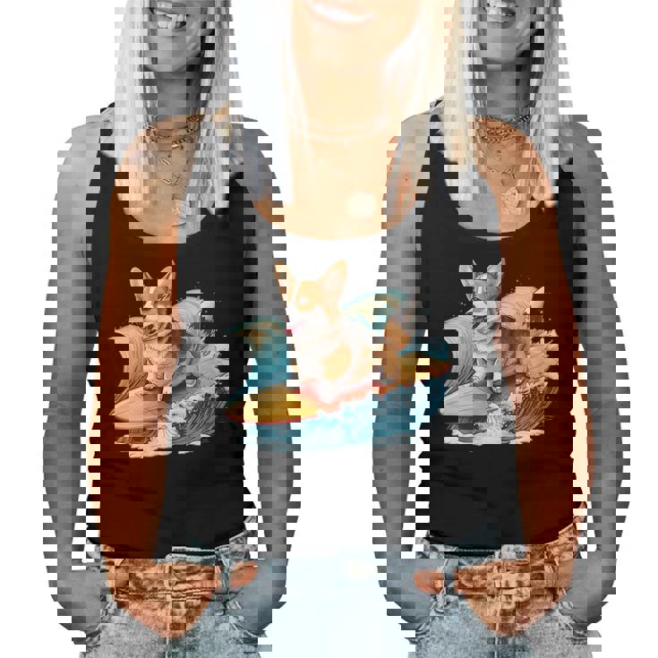 Surfing Corgi On A Surfboard On A Wave Surf Beach Women Tank Top Surfing Corgi On A Surfboard On A Wave Surf Beach Women Tank Top