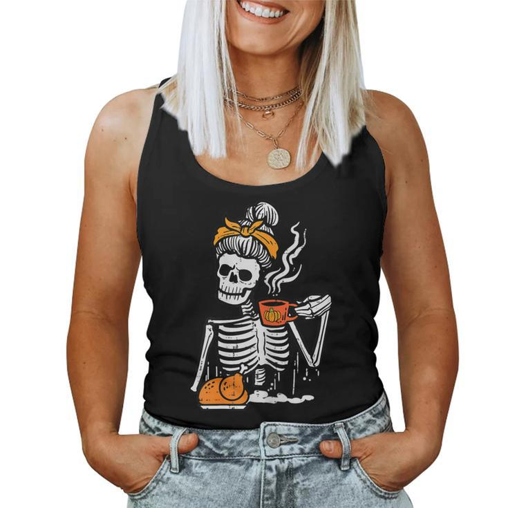 Thanksgiving Skeleton Messy Bun Pumpkin Coffee Girls Women Tank Top